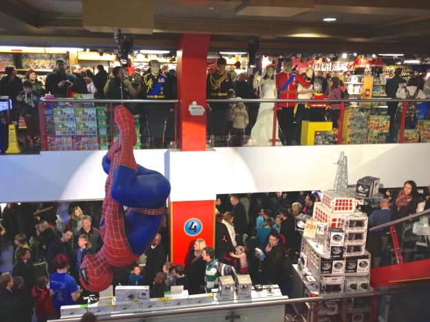 Notice the crowds, Spiderman, and the Lego figures of Prince William and Princess Kate.
