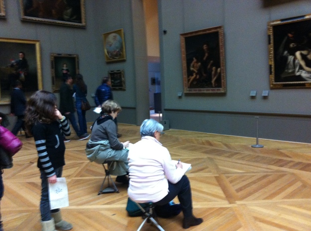 Artists sketched at the Louvre while a young girl stole a glance.