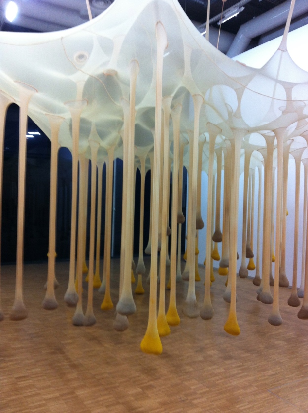 This piece by Brazilian artist evokes ones' sense of sight and smell.  The suspended sacs are filled with rosemary cumin, turmeric, cardamon... to name just a few 